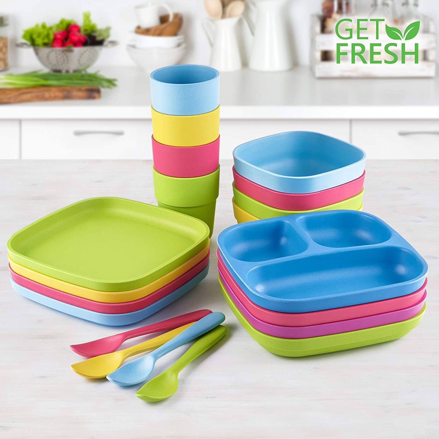 GET FRESH Kids Divided Plates Set – 2-pack Melamine-Free Sectioned Plates for Kids and Toddlers – Stackable BPA-free Childrens Dinnerware Divider Plates – Reusable 3 Compartment Kids Plates
