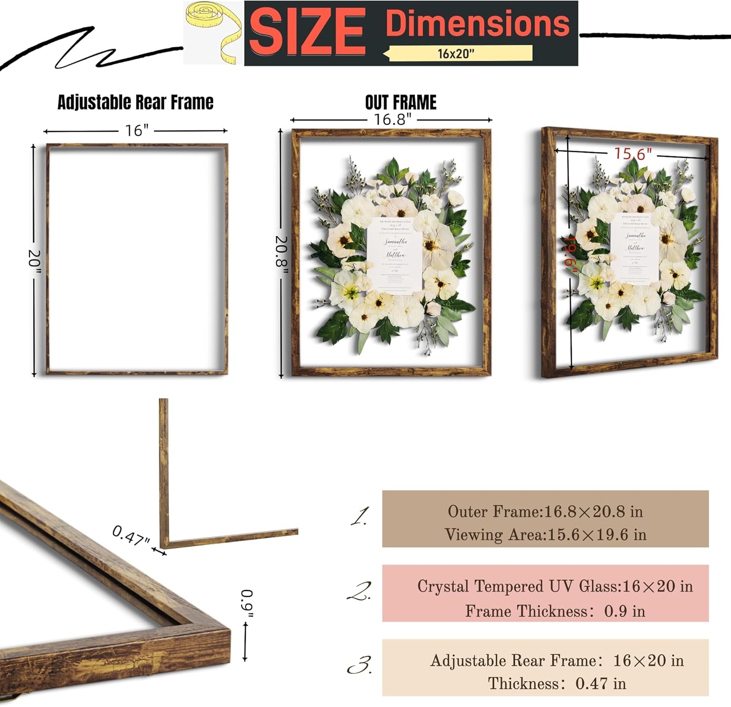 Floating Frame 16x20 Teak Wood Floating Picture Frames Double UV Glass Shadow Box Flower Press Picture Frame Large Dried Flower Frames Artwork Bouquet Wedding Memory Preserved Wedding Bouquet