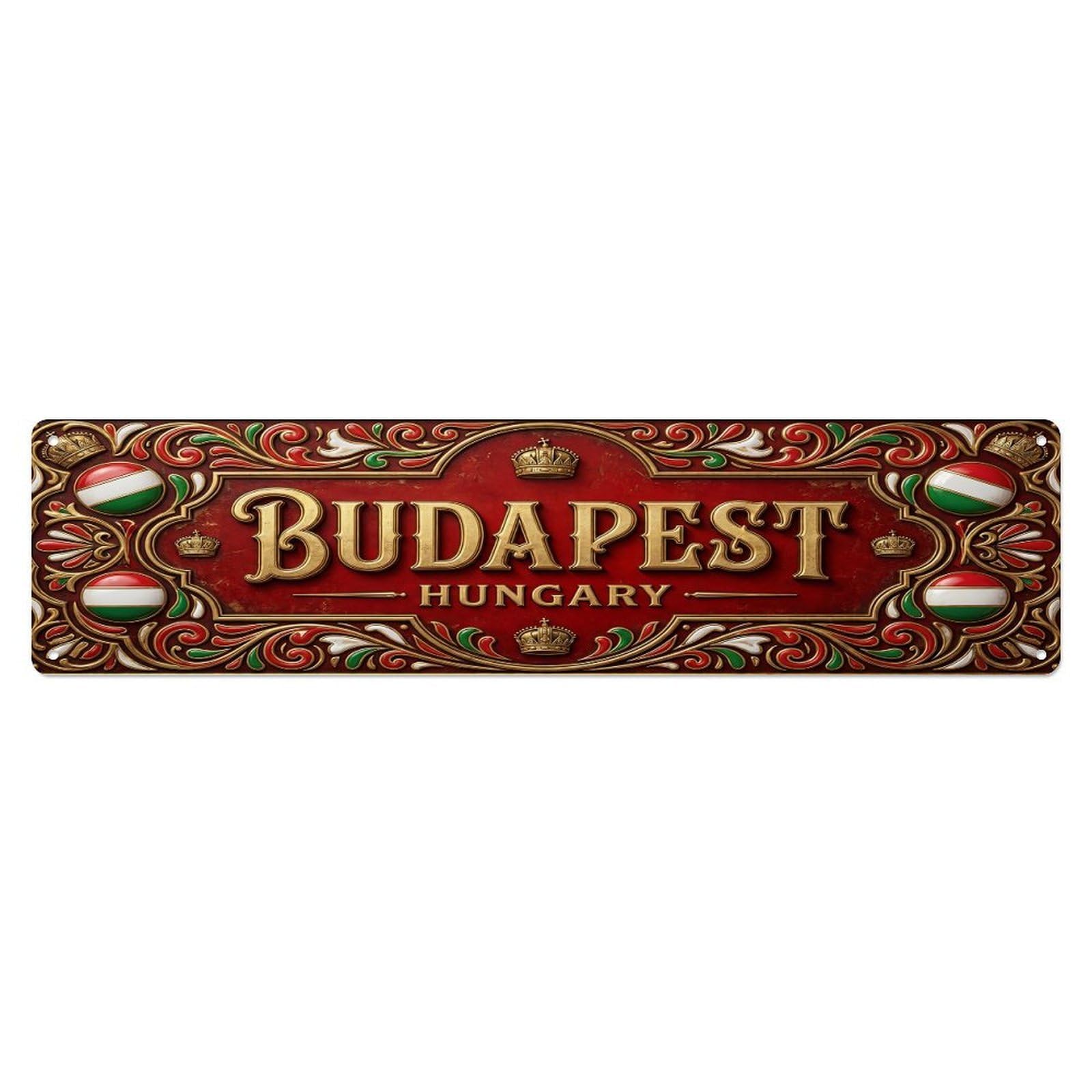Olhnbad 4X16inch(10X40cm) Vintage Budapest Hungary Flag Pattern Metal Tin Sign