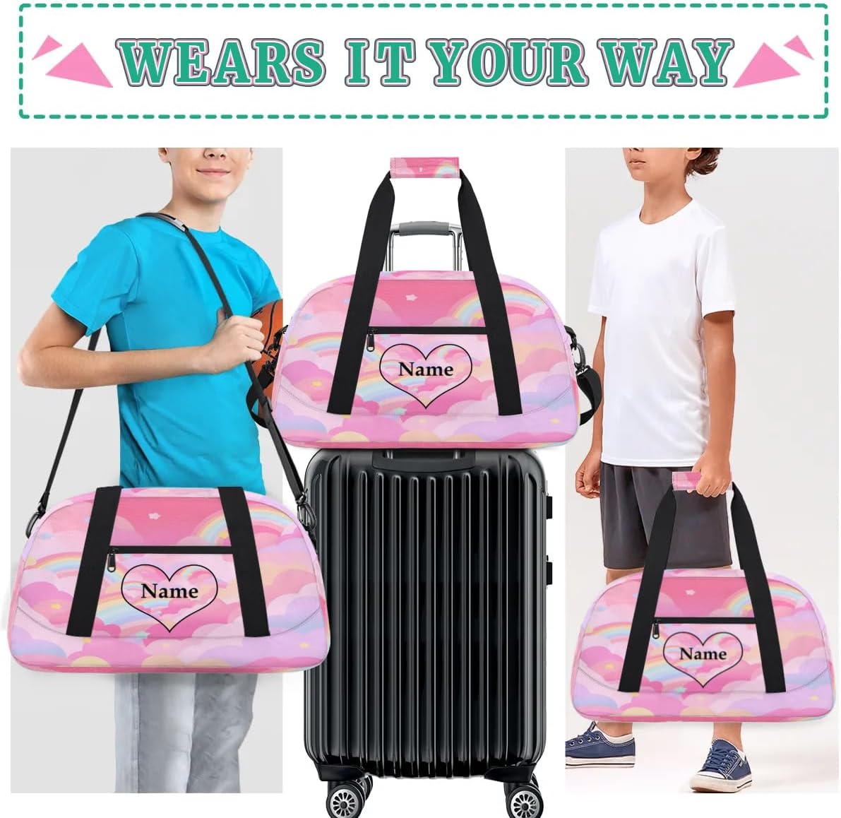 Cute Pink Personalized Duffle Bag for Kids Custom Dance Ballet Bag with Name Lightweight Travel Weekender Overnight Bags Sport Gym Duffel Bags Workout Carry On Tote Bag for Girls Boys