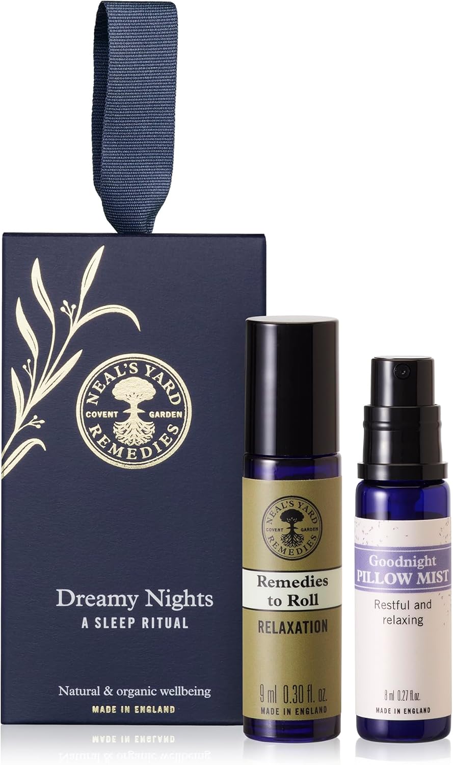 Neal’s Yard Remedies Dreamy Nights A Sleep Ritual, Gift Set with Pillow Spray & Essential Oil Roll On Infused with Lavender, Vegan & Cruelty-Free