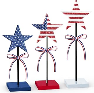 PETKNOWS 3Pcs Patriotic Wooden Star Signs Red White Blue Decorations 4th of July Table Centerpieces for Memorial Day, Vete...