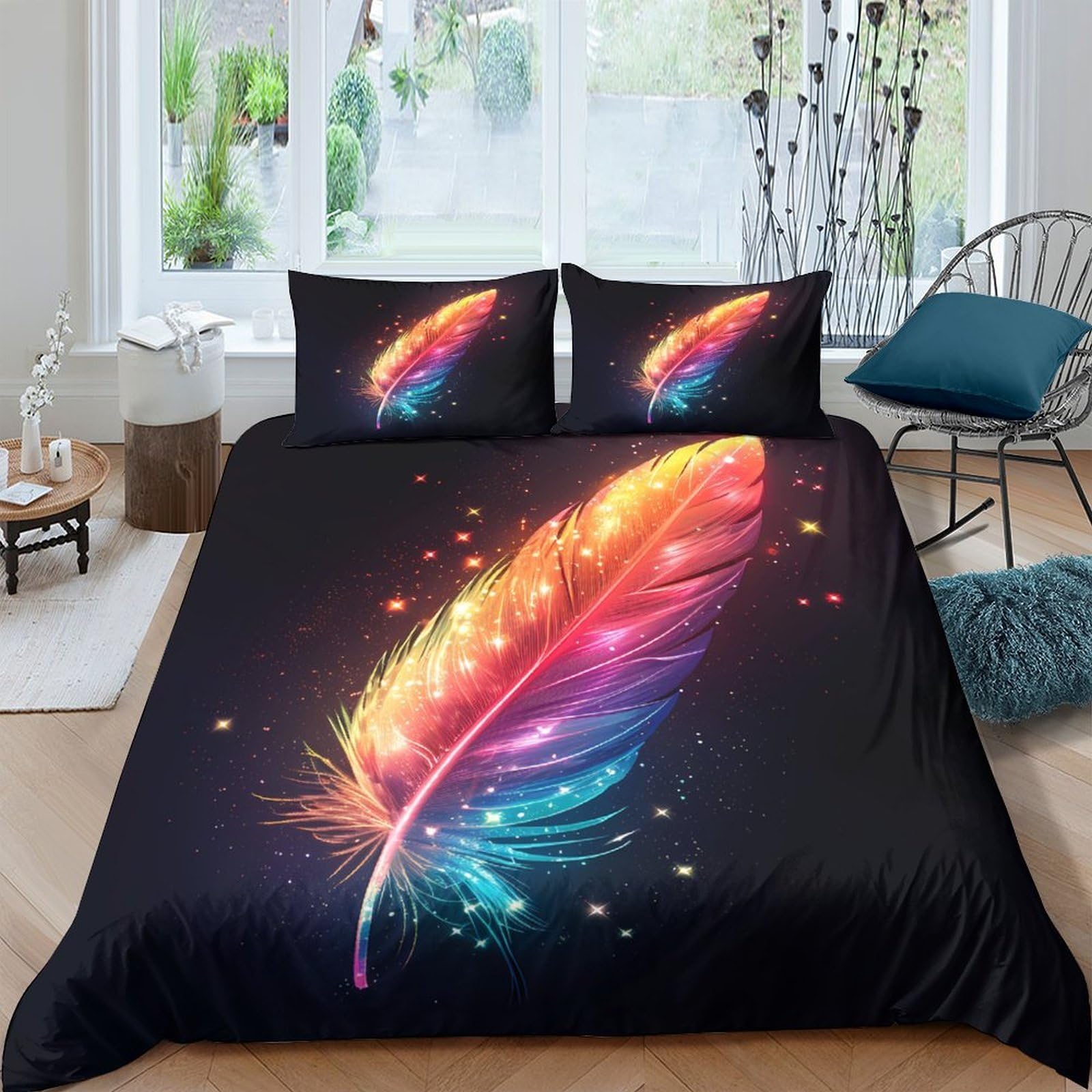Ctjqhvkz Style-6 3D Printed Rainbow Feather Fitted Sheet Microfiber Soft Bedroom Decor Colorful Mattress Cover For Adults Teens Single（135X200cm）
