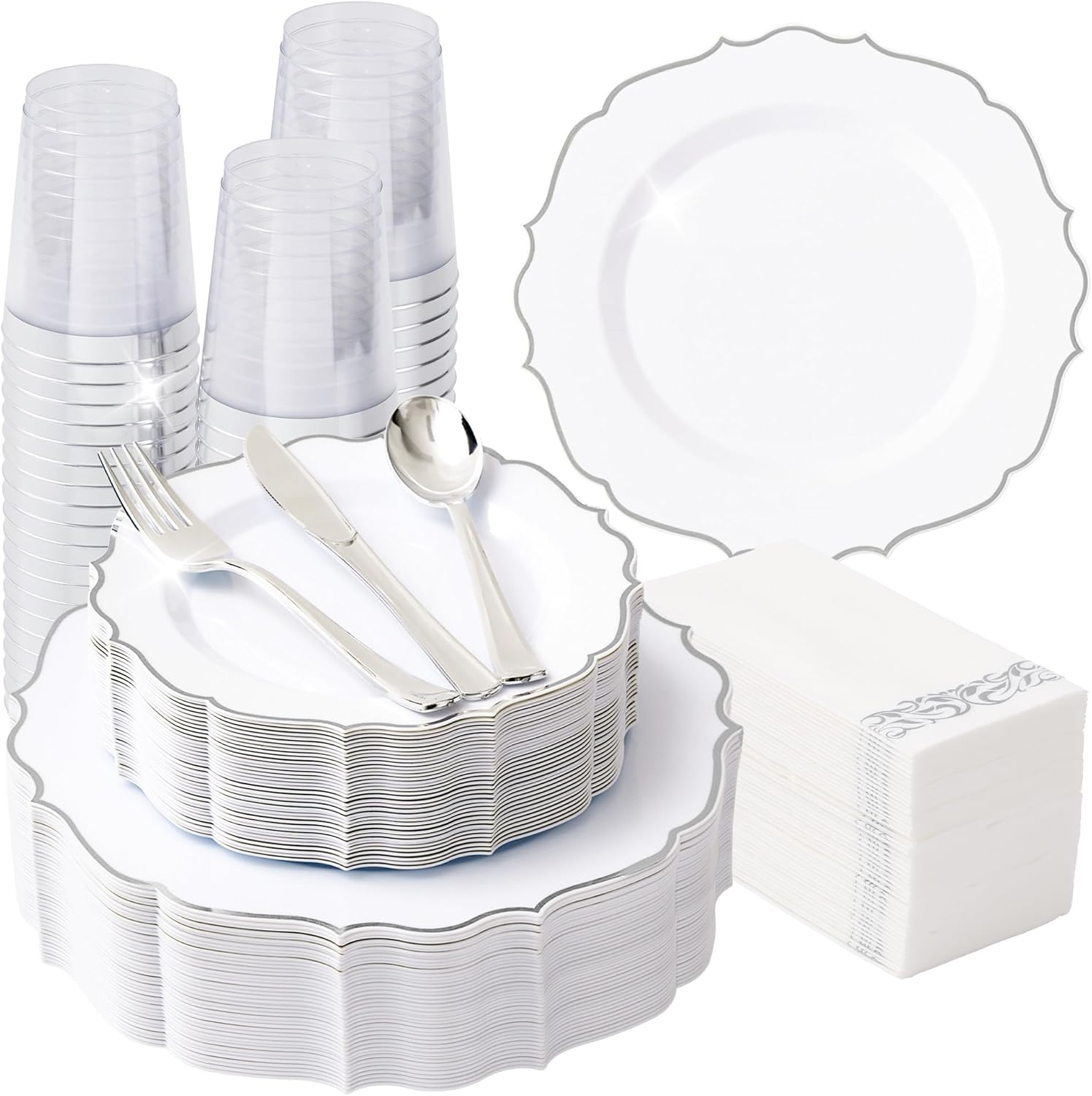 350 PCS Silver Disposable Plates, Scalloped Dinnerware Set for 50 Guests, 100 Plastic Plates, 150 Silverware, 50 Cups & 50 Paper Napkins, Silver