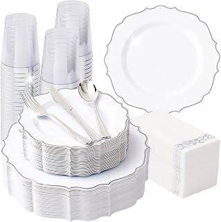 350 PCS Silver Disposable Plates, Scalloped Dinnerware Set for 50 Guests, 100 Plastic Plates, 150 Silverware, 50 Cups & 50 Paper Napkins, Silver