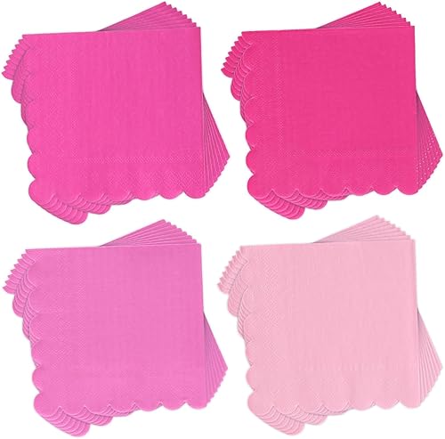 Whaline Paquete de 200 servilletas de cóctel rosa intenso, servilletas de papel de color degradado rosa con bordes festoneados, servilletas