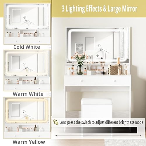 Vista 5 de IRONCK Vanity Desk with LED Lighted Mirror & Power Outlet, Makeup Vanities Table with 4 Drawers,Storage Bench,Dressing Table for Bedroom White