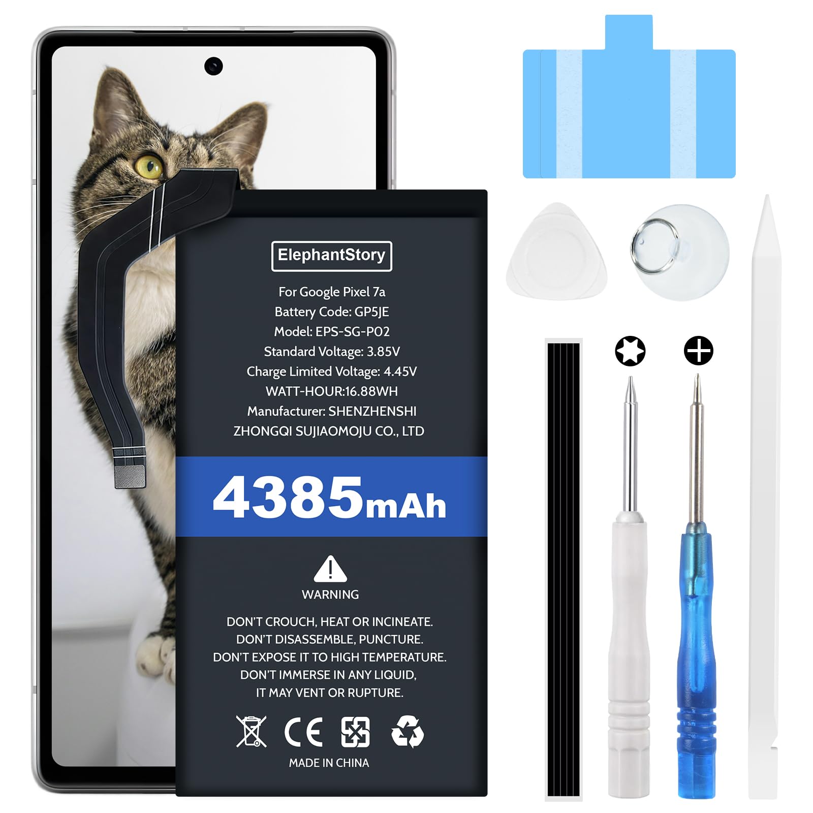 ElephantStory GP5JE Batería para Google Pixel 7A, 4385mAh Alta Capacidad Baterias de Polímero de Litio Compatible con Modelo GWKK3 GHL1X G0DZQ G82U8, Kits de Herramientas de Reparación Completa Dentro