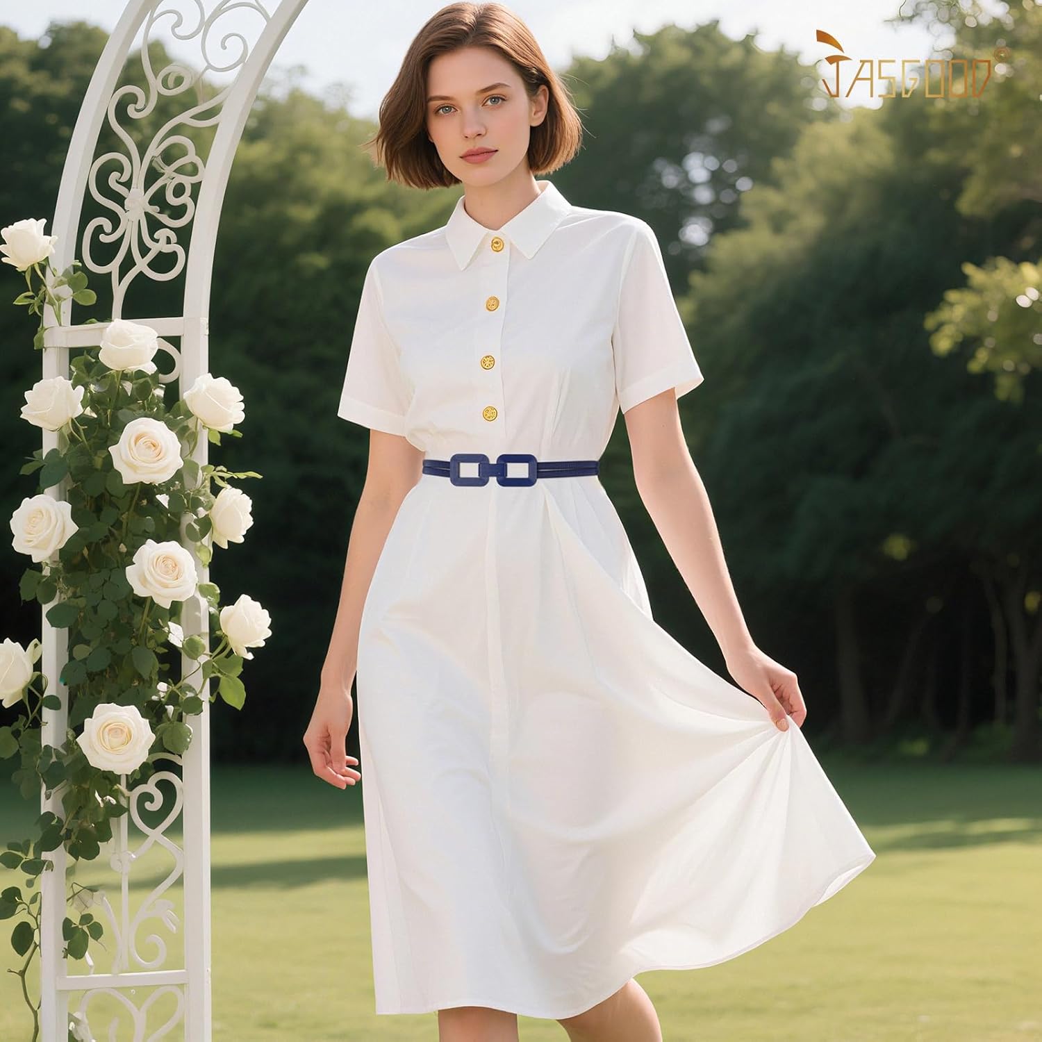 JASGOOD Skinny Metal Elastic Waist Belt for Women Stretch Thin Belt for Dresses - Image 2