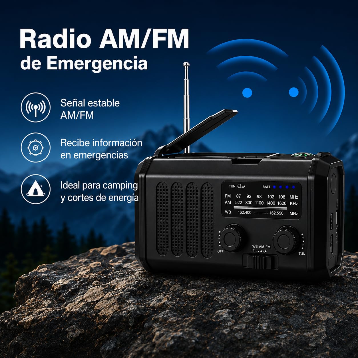 Radio de Emergencia Portátil 20000 mAh, Alarma SOS, Radio FM/Am con lámpara de Lectura, brújula,generador de manivela y Carga Solar, para Exteriores, Carga de Emergencia para Smartphones (Black)