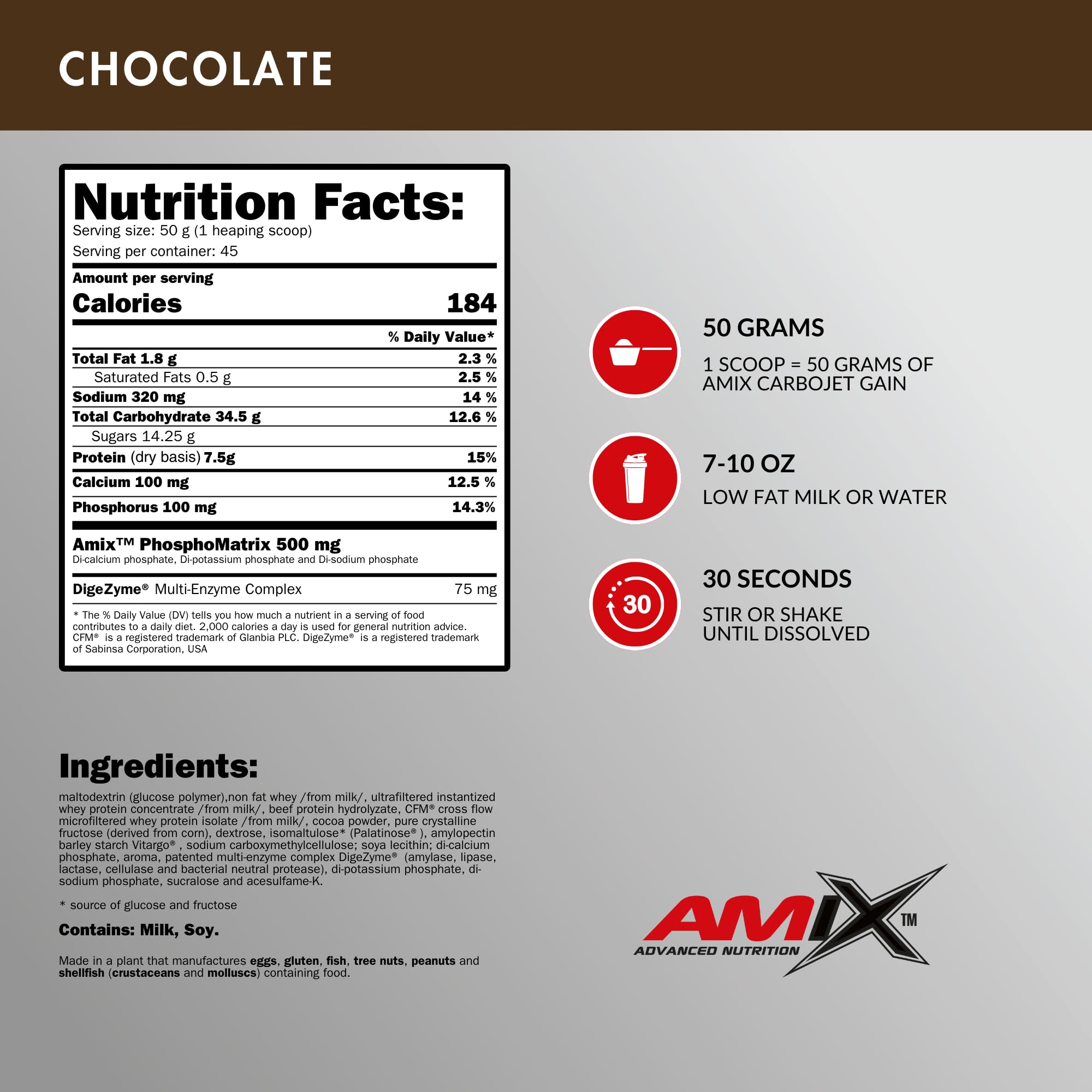 AMIX - Proteína en Polvo Carbojet Gain - Suplemento con Hidratos de Carbono -Proteína para Ganar Masa Muscular - Ideal para Atletas de Élite - Sabor Chocolate - 2,25 KG