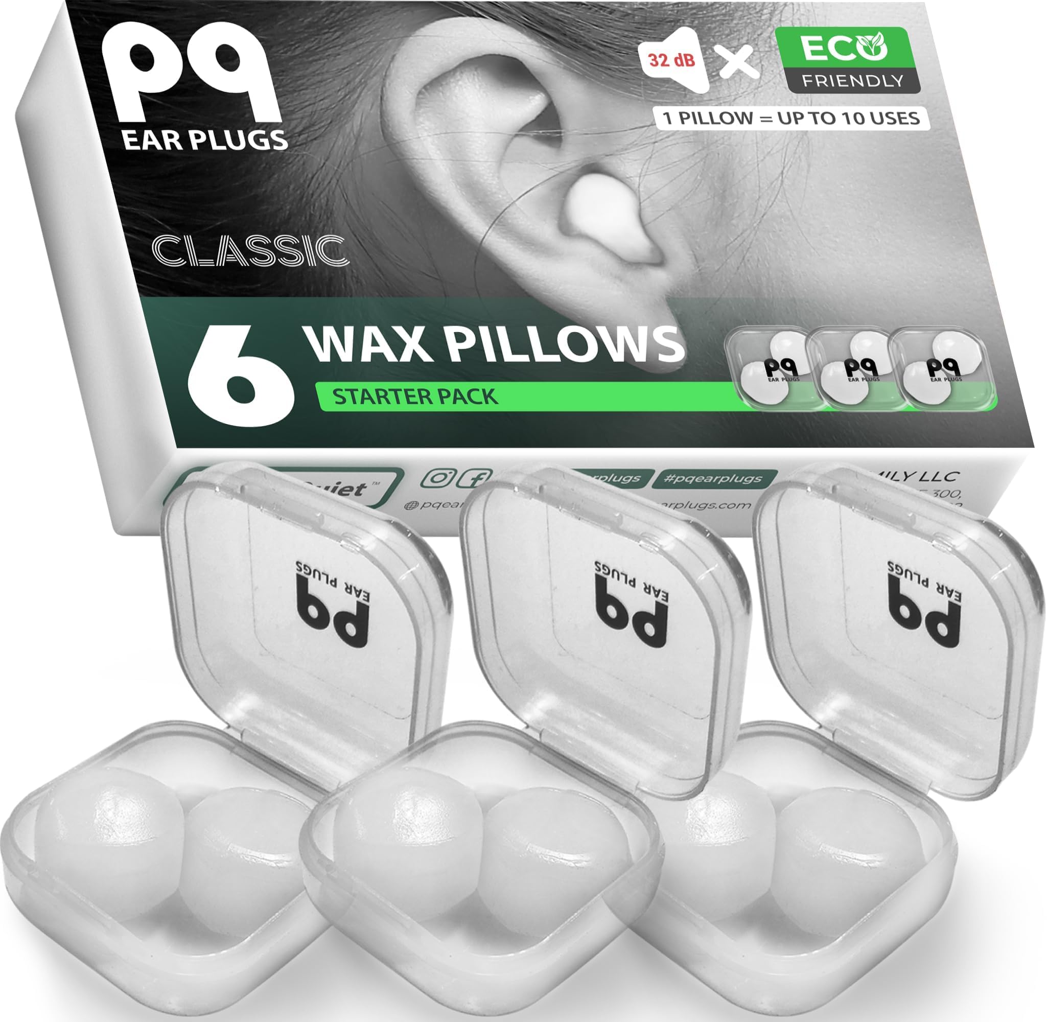 PQ Wax Ear Plugs for Sleep - 6 Silicone Wax Earplugs for Sleeping and Swimming - Gel Ear Plugs for Noise Cancelling, Ear Protection - Sleeping Earplugs with Sound Blocking 32 Db (6-Pillows). White