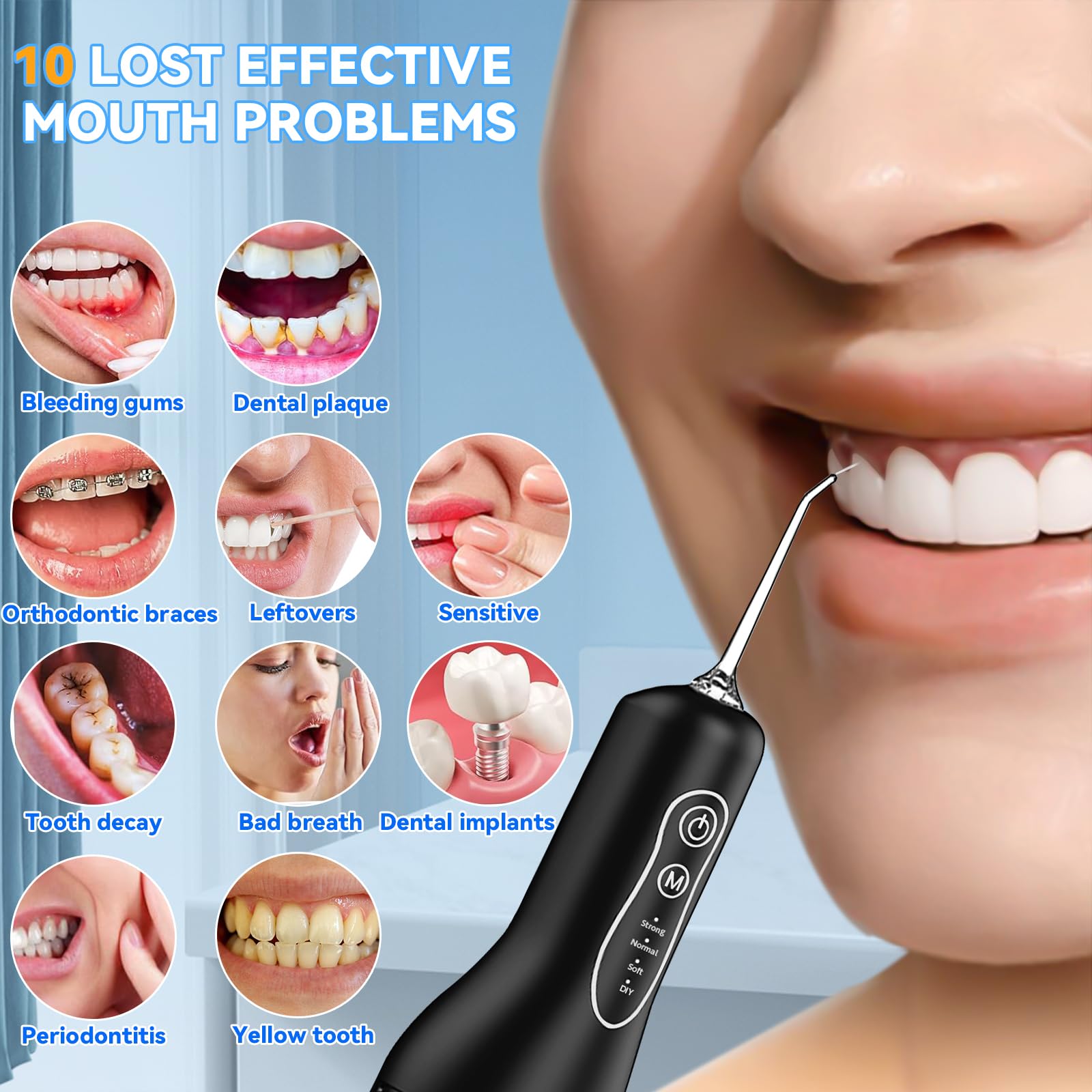 Jet Dentaire Hydropulseur Portable, Irrigateur Oral Sans Fil 4 Modes et 4 Buses, Réservoir 300ML, USB Chargé, Étanche IPX6, Convient Gencive Sensible