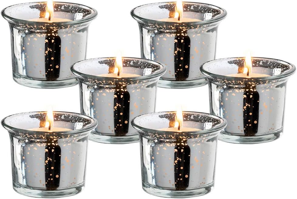 Royal Imports Silver Oyster Mercury Glass Votive Candle Holder, Table Centerpiece Tealight Decoration for Elegant Dinner, Party, Wedding, Holiday, Set of 6 (Unfilled)