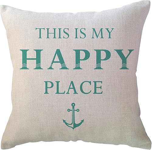 ULOVE LOVE YOURSELF Funda de cojín para decoración de playa "This is My Happy Place" con estampado de ancla de océano verde azulado costal, fundas