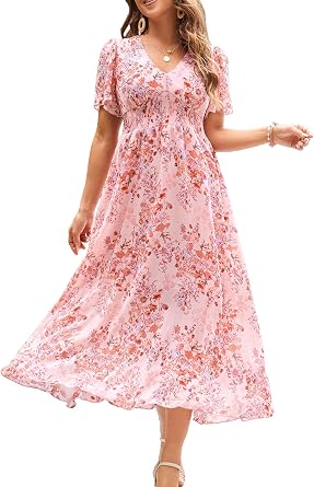 Womens Floral Maxi Dress Flowy V Neck Empire Waist Summer Wedding Guest Party Casual Chiffon Dress