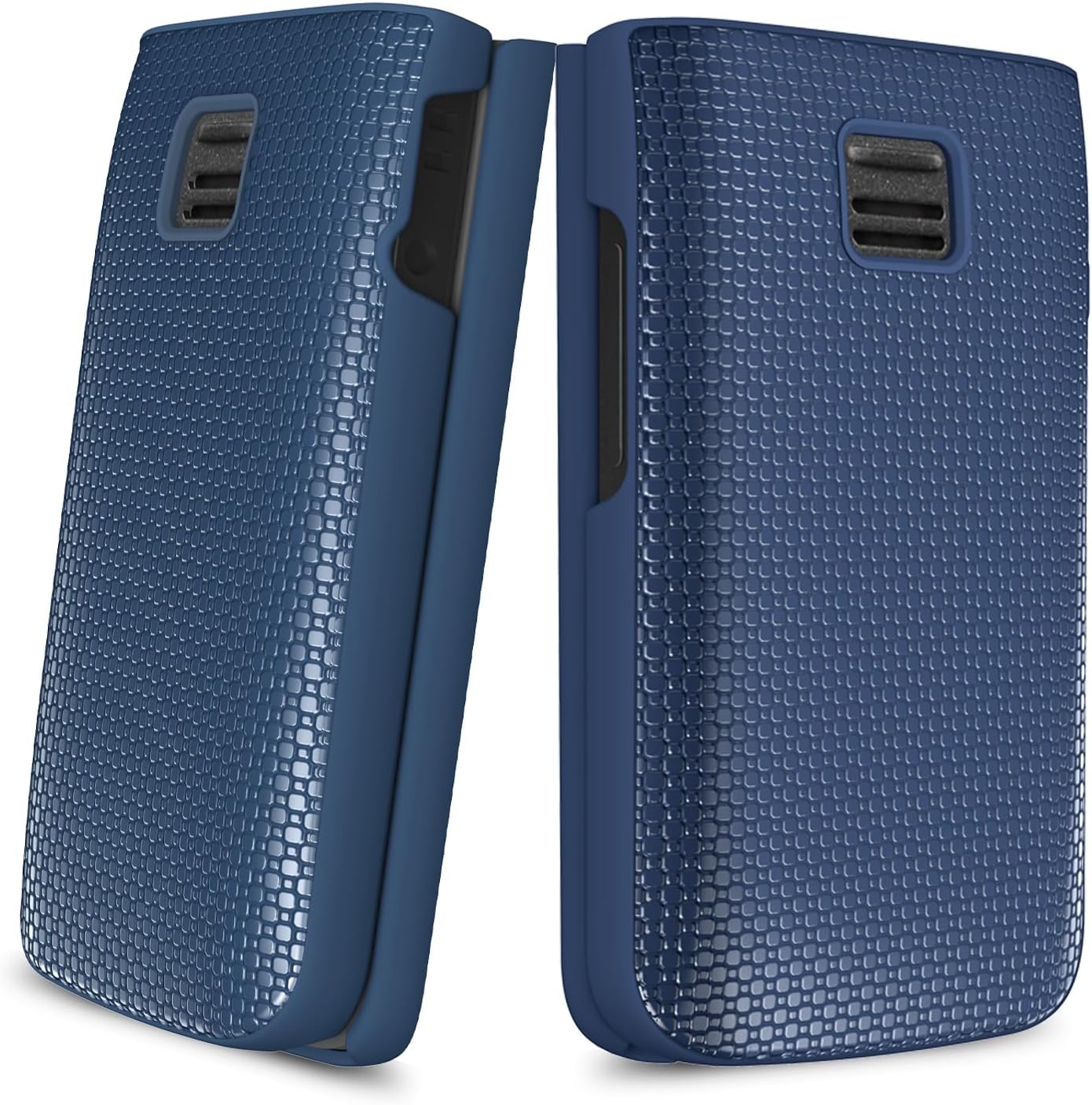 Blue flip phone case installed on an open flip phone, showing the inner screen and keypad.