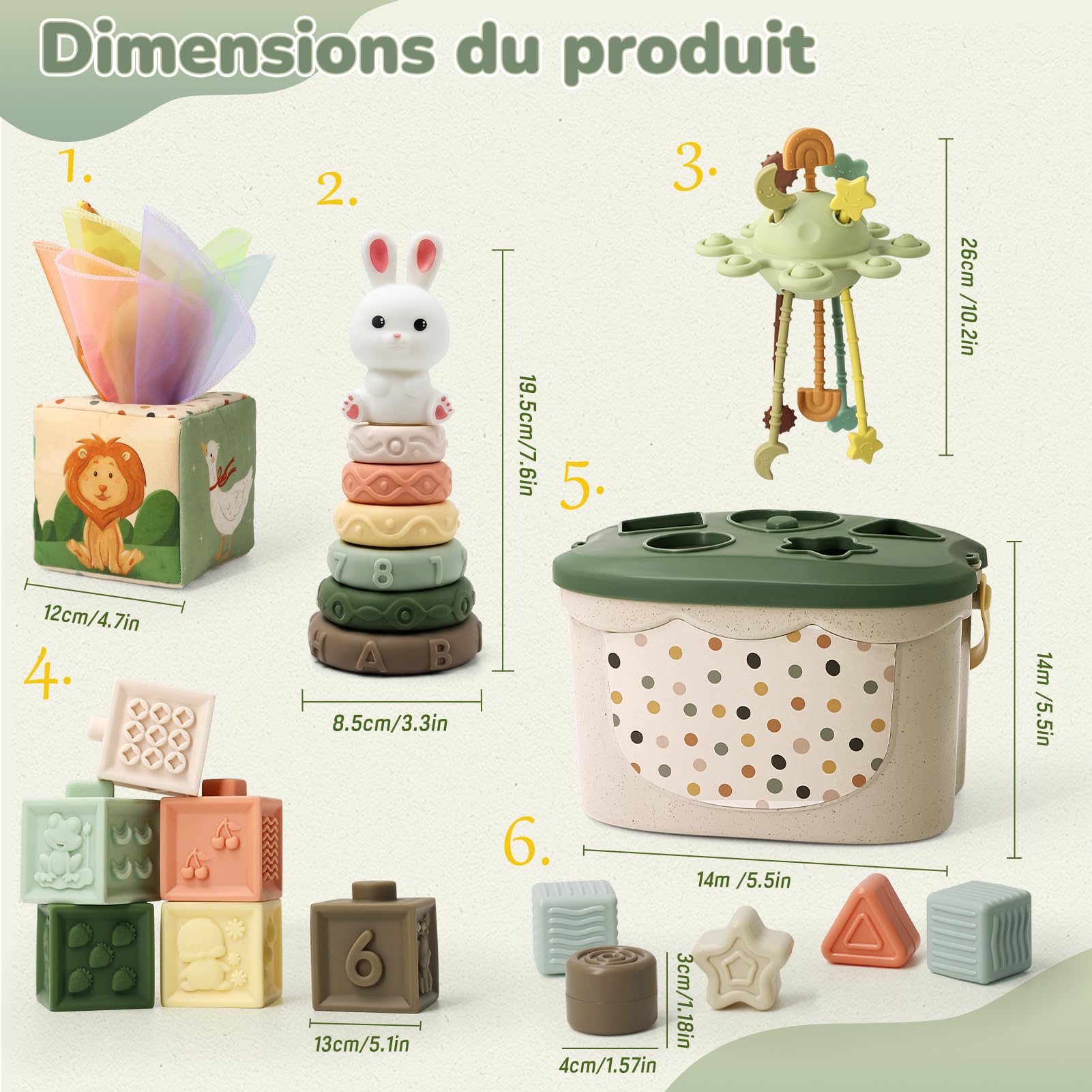 5 en 1 Jouet Bébé 6 Mois Montessori – Jeux d’éveil 6-12 Mois avec Trieur de Formes, Boîte à Mouchoirs, Empilement | Jouet Sensoriel Cadeau pour Enfants 7 8 9 Moiss(5-en-1)