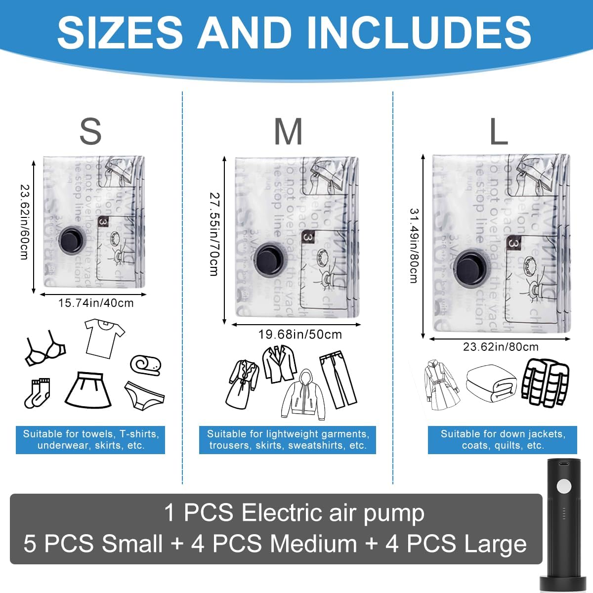 Space Saver Vacuum Storage Bag With Pump for Clothing,Vacuum Seal Bag Vacuum Packing Bags for Travel Luggage, Blankets, Bedding and Home Storage (13 Combo-5S+4M+4L)