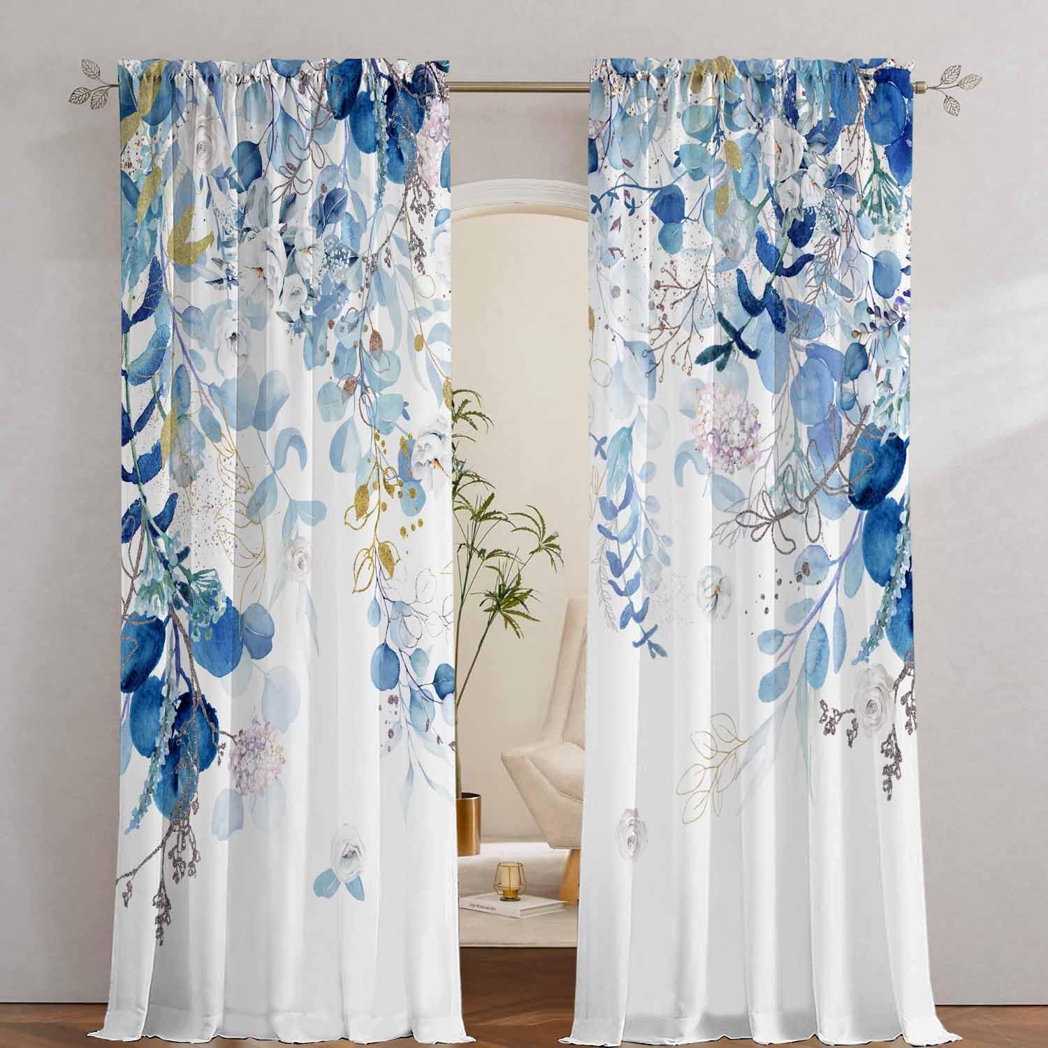 Blue Botanical Curtains 96 Inches Long for Living Room Watercolor Eucalyptus Leaves Light Filtering Curtains Spring Summer Blue and White Drapes for Bedroom Farmhouse Leaf Floral Printed Door Curtain