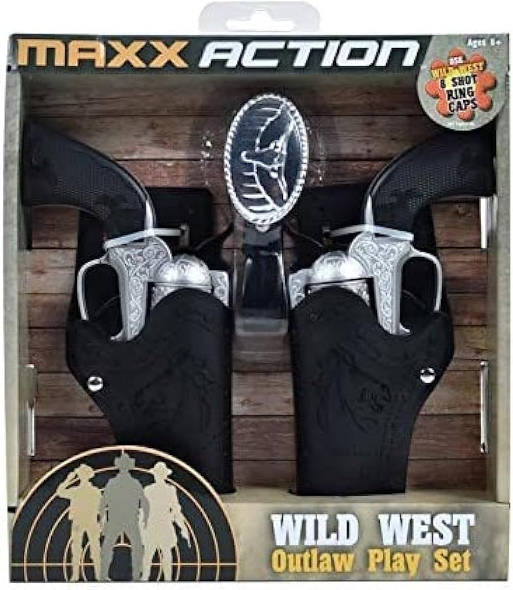 Maxx Action Wild West Outlaw Play Set - Cap Blaster Set - Ages 5+ | 5 Piece Kit, 2 Toy Pistols, 2 Holsters, Adjustable Belt, Realistic Sound Effects, 8-Shot Ring Ammo Sold Separately