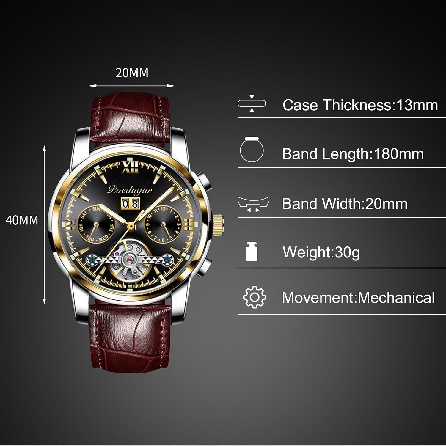 Diagram showing RORIOS watch dimensions: 40mm dial diameter, 13mm case thickness, 20mm band width, 180mm band length, 30g weight, mechanical movement.