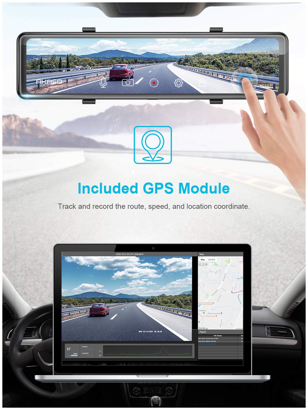 AKASO DL12 2.5K Mirror Dash Cam Voice Control 12" Touch Screen Front