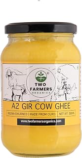 Two Farmers Organics A2 Gir Cow Ghee 500ML Glass Jar | Bilona Method | 100% Pure Desi Ghee from Rajasthan | Organic Lactos... Price In India