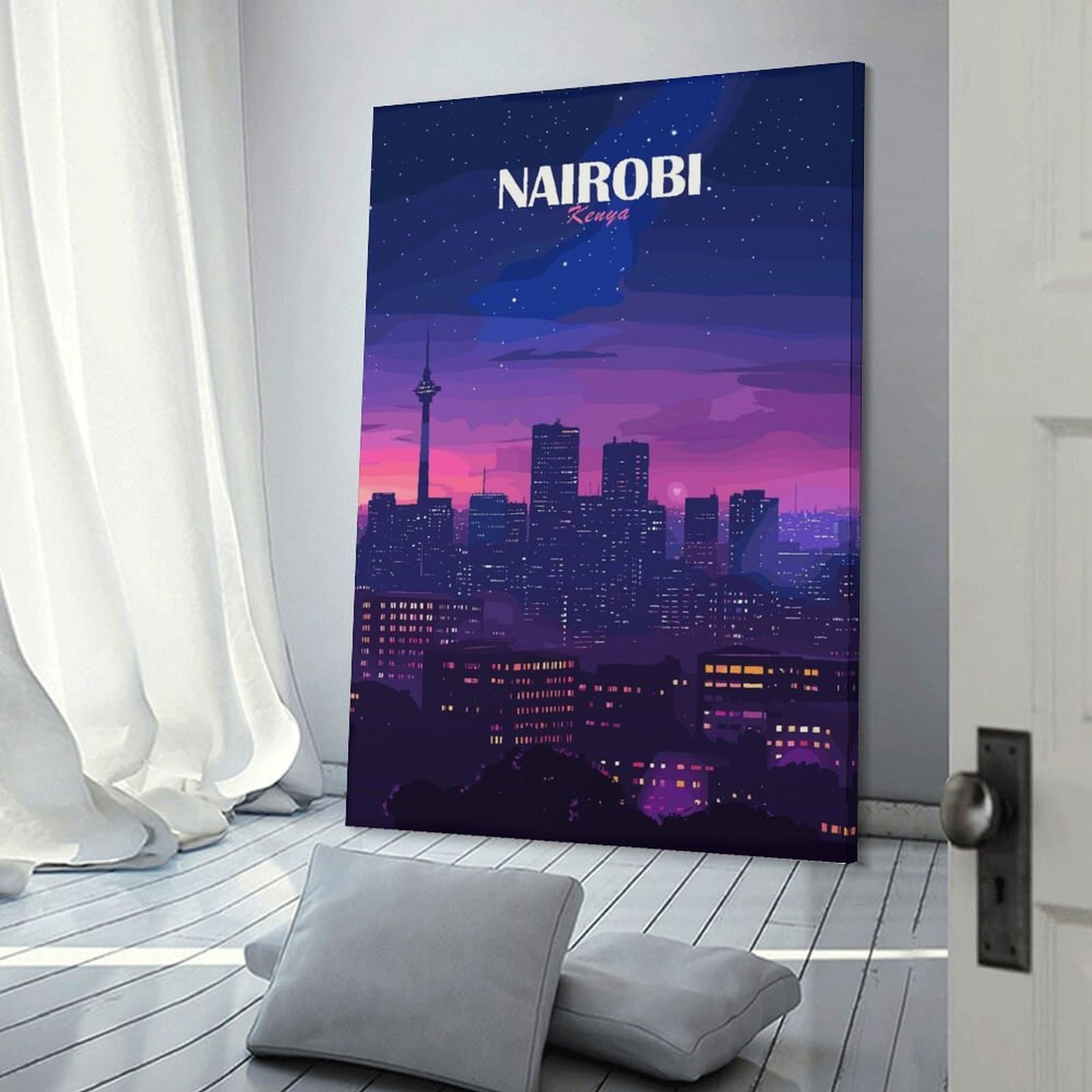 Junmoney Nairobi, Kenya Cityscape at Night Canvas Wall Decor 24x36inch(60x90cm), for Feature Walls in Flats Or Modern Rooms, Decorative Artwork with Flexible Styling