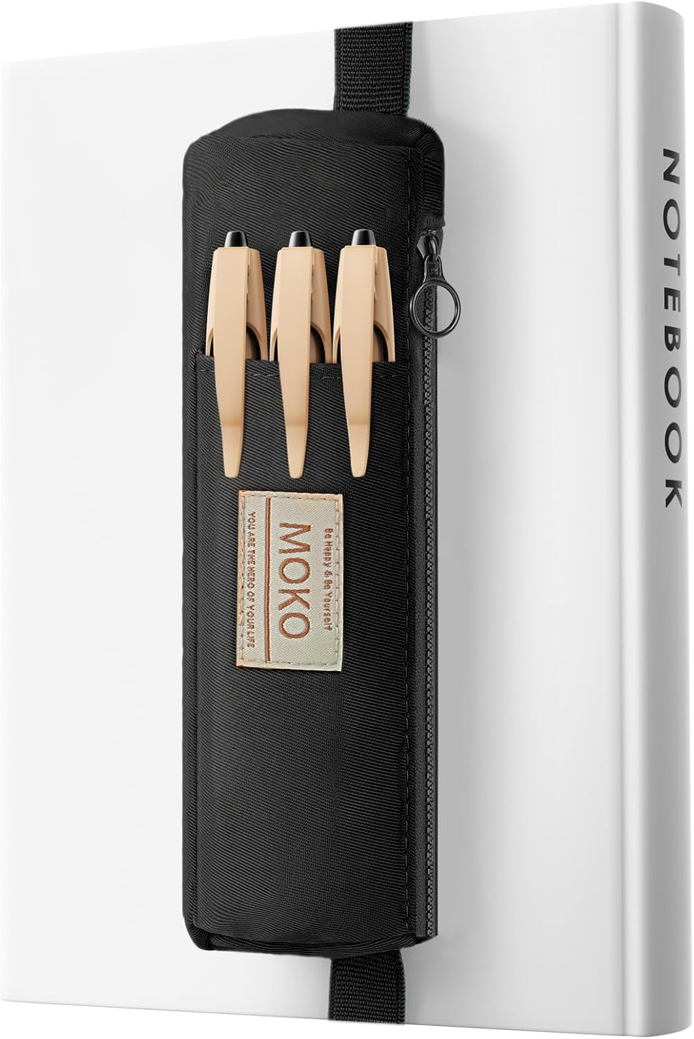 MoKo Pen Holder for Notebook, Pencil Pouch with Adjustable Elastic Band, Slim Portable Zipper Pen Pouch Holder for Planners, Journals, Book, Black