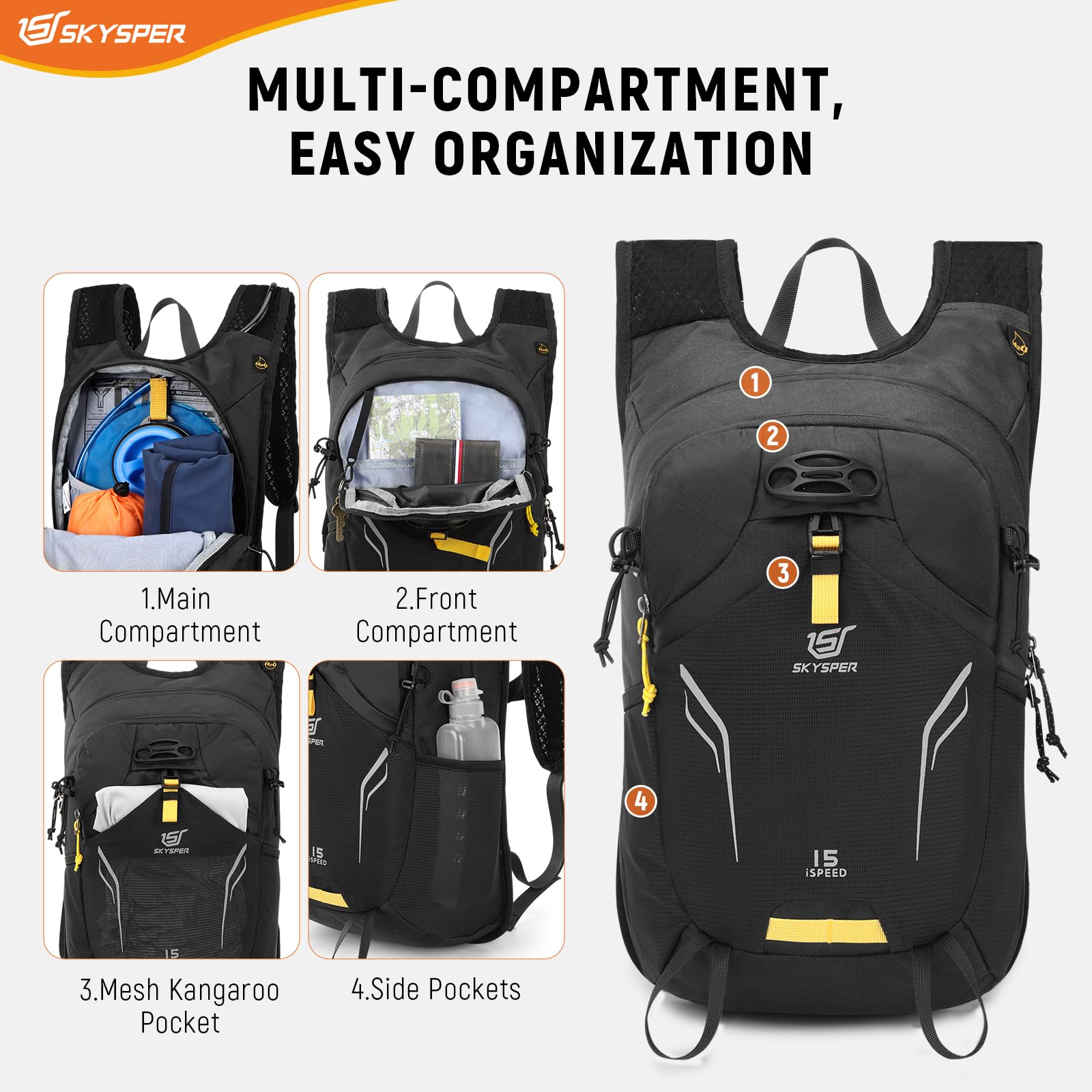 SKYSPER Small Hiking Backpack 15L Lightweight Day Pack Travel Hiking Daypack for Women Men(Black)