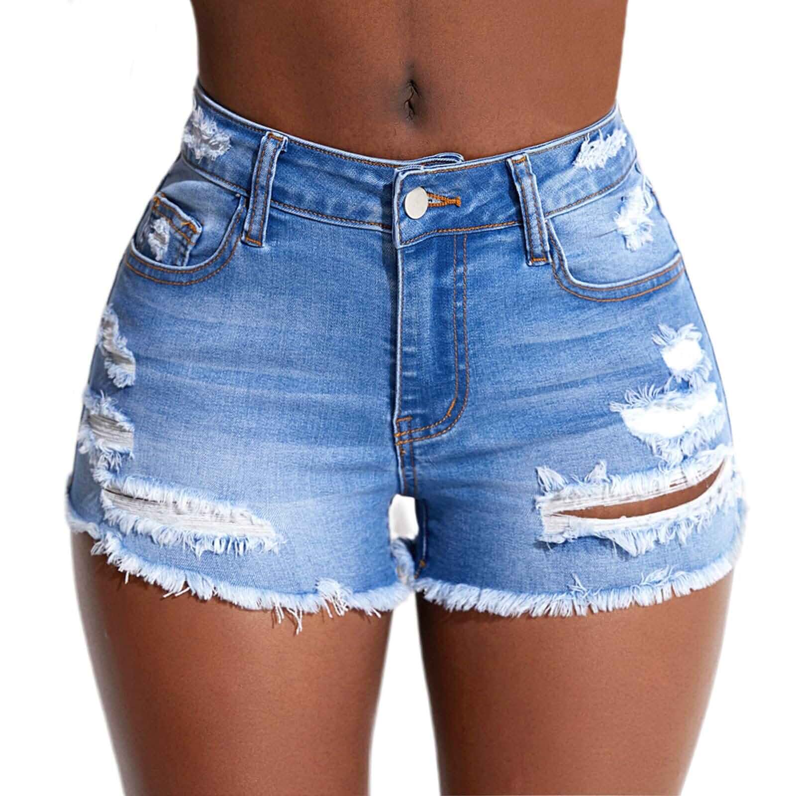 Tunlaud Women's Stretch Ripped Denim Shorts Mid Waist Casual Frayed Raw Hem Distressed Jean Shorts