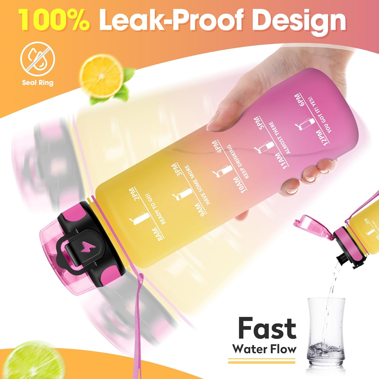 KollyKolla 1L Leak-proof Gym Water Bottle with Filter, Sports Water Bottle with Time Marker, Ideal for Fitness, Yoga, Running, Hiking, Cycling, School, Camping, Office