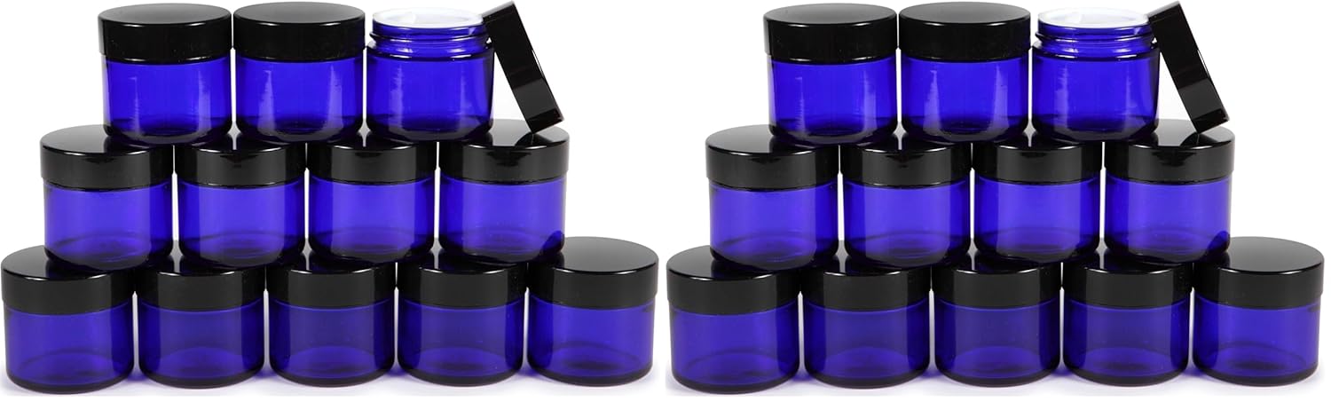 Vivaplex, 12, Cobalt Blue, 2 oz, Round Glass Jars, with Inner Liners and black Lids (Pack of 2)
