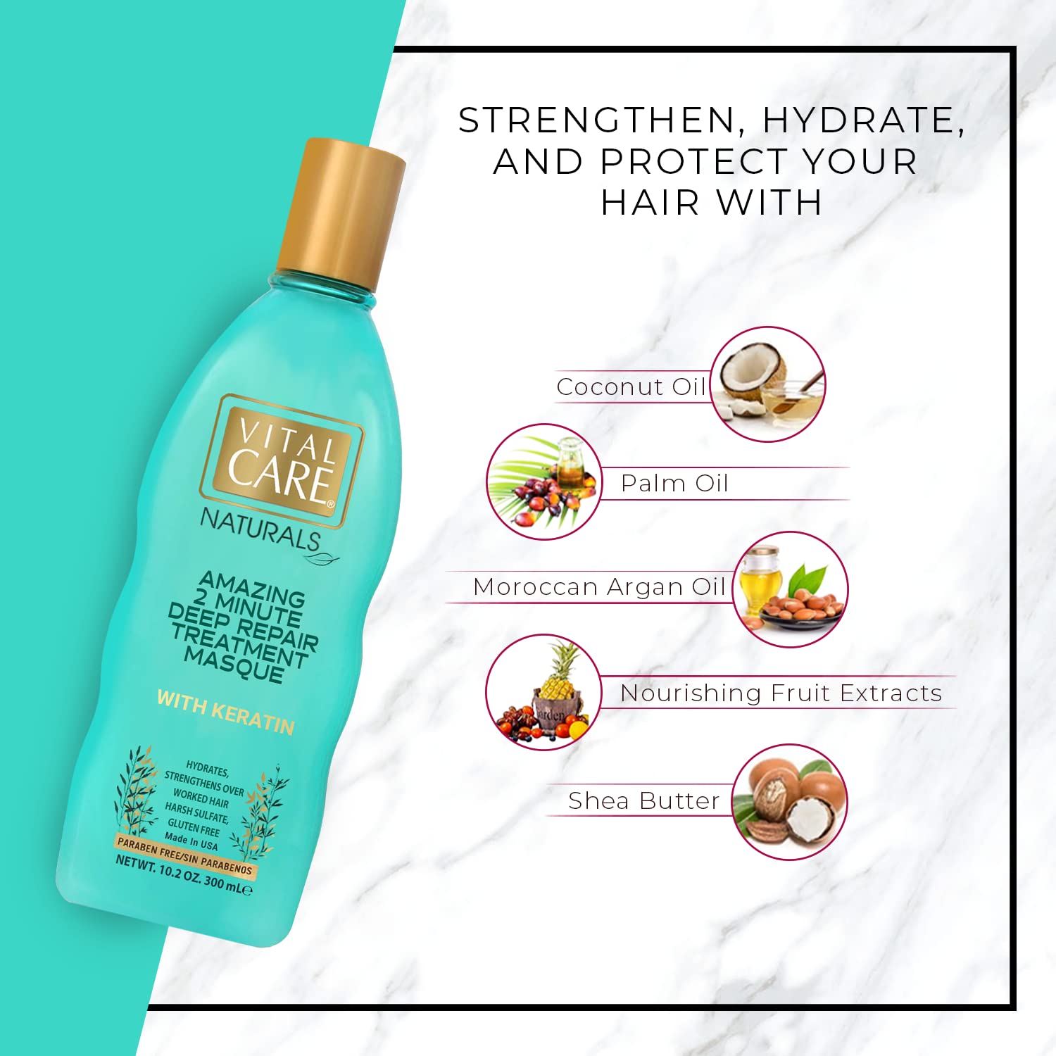 Vital Care Naturals 2-Minute Repair Hair Masque - Gentle Keratin Complex Hair Mask Treatment is Non-Stripping for Daily Use, Hydrating & Repairing - Abyssinian, Avocado & Sunflower Seed Oil
