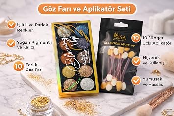 10’lu Göz Farı Paleti, 10’lu Makyaj Aplikatörü Seti, Işıltılı Far Seti, Parlak Göz Farı Renkleri, Pigmentli Göz Farı, Sünger Uçlu Aplikatör, Göz Makyaj Seti, Profesyonel Makyaj Seti