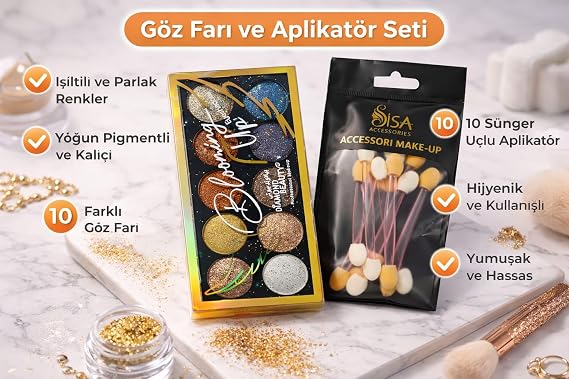 10’lu Göz Farı Paleti, 10’lu Makyaj Aplikatörü Seti, Işıltılı Far Seti, Parlak Göz Farı Renkleri, Pigmentli Göz Farı, Sünger Uçlu Aplikatör, Göz Makyaj Seti, Profesyonel Makyaj Seti