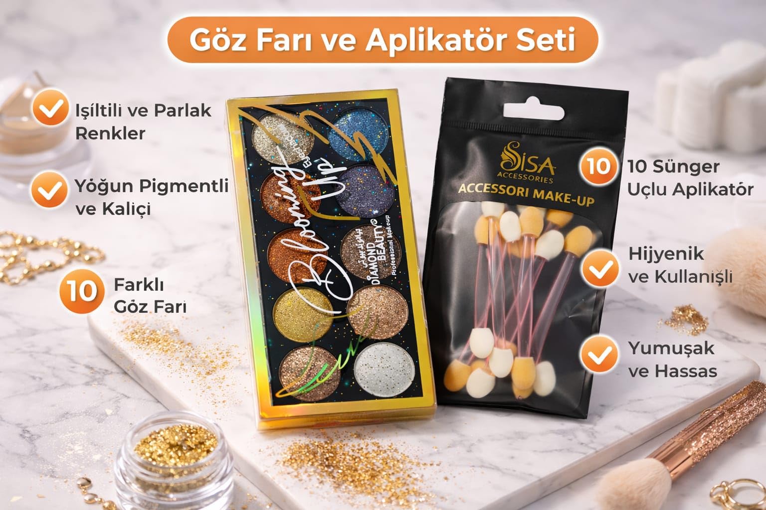 10’lu Göz Farı Paleti, 10’lu Makyaj Aplikatörü Seti, Işıltılı Far Seti, Parlak Göz Farı Renkleri, Pigmentli Göz Farı, Sünger Uçlu Aplikatör, Göz Makyaj Seti, Profesyonel Makyaj Seti