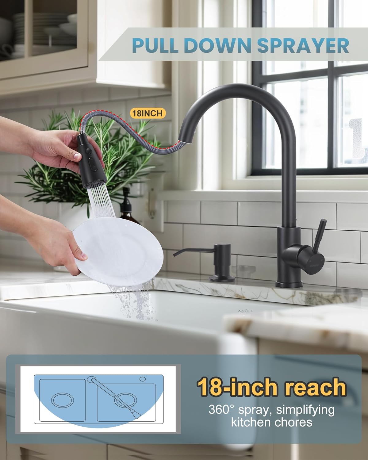 WOWOW Black Kitchen Faucet with Soap Dispenser, Stainless Steel Kitchen Sink Faucet, Matte Black Kitchen Faucet Single Handle High Arc Utility Sink Faucet for Sink, RV, Laundry, Bar - Image 2