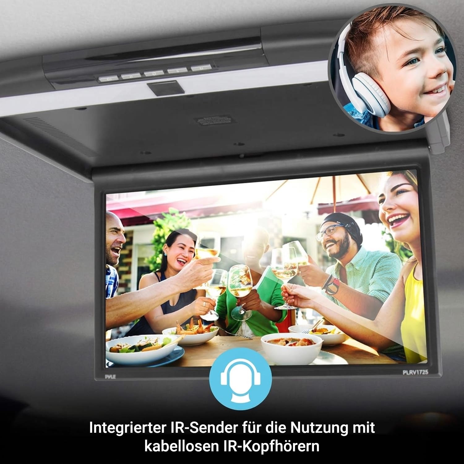 Pyle 17,3 Zoll Auto Monitor 1080P – Dachmonitor 43,9 cm mit HDMI, USB & Micro SD, IR & FM Transmitter, Full HD Fahrzeug Bildschirm