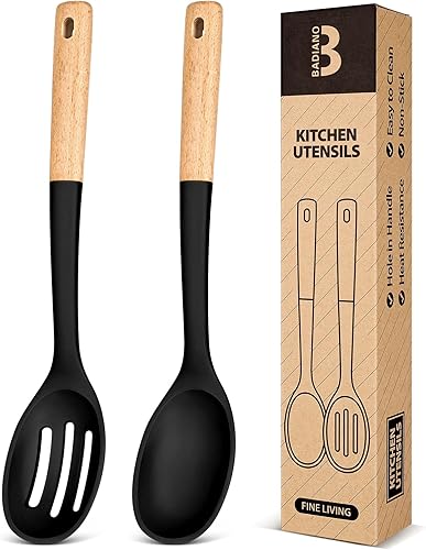 Cucharas de cocina de silicona, ideales para recoger lados y servir guisos abundantes, silicona mate sin BPA, cuchara de servir con mango de madera