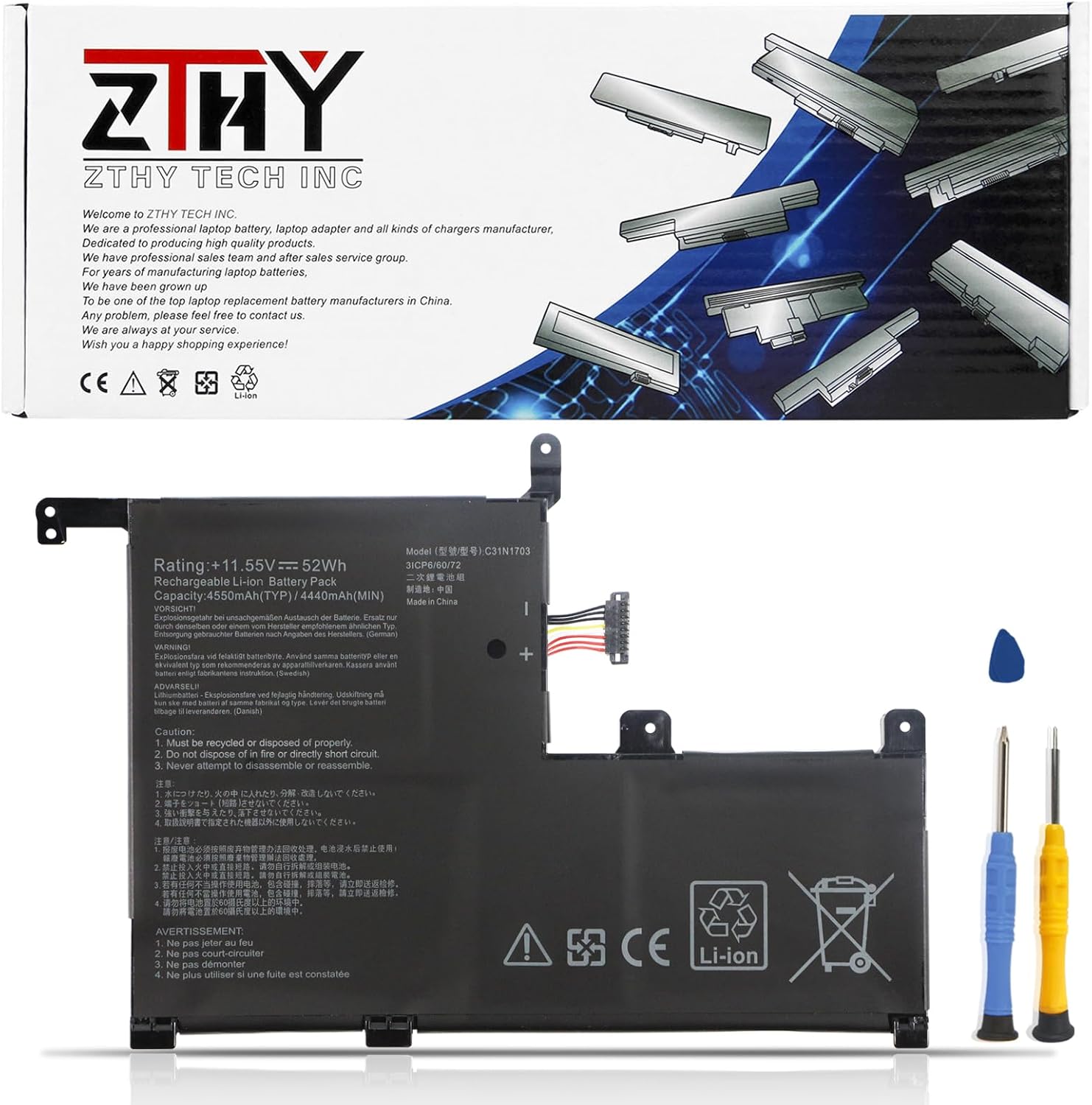 ZTHY C31N1703 Laptop Battery Compatible with Asus Zenbook Flip UX561U UX561UA UX561UN Q505U Q525U Q525UA Q505UA Q505UA-BI5T7 Q525UA-BI7T9 Q525UA-BI7T11 Q505UA-BI5T9 UX561UA-BO052T C31P0J1 11.55V 52Wh