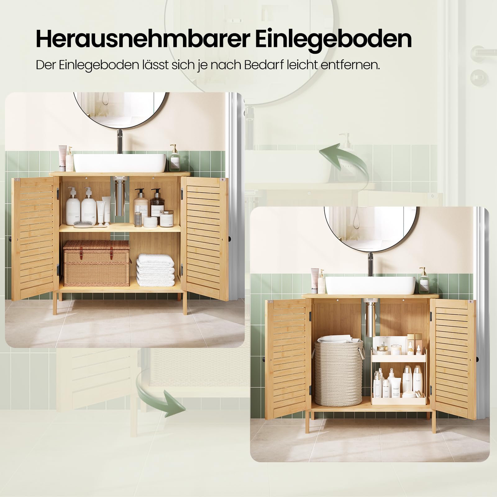 EUGAD Waschbeckenunterschrank Bambus, Badezimmer Unterschrank, 60 x 60 x 30 cm, Waschtischunterschrank mit 2 Lamellentüren 1 Verstellbare Ablage, Natur