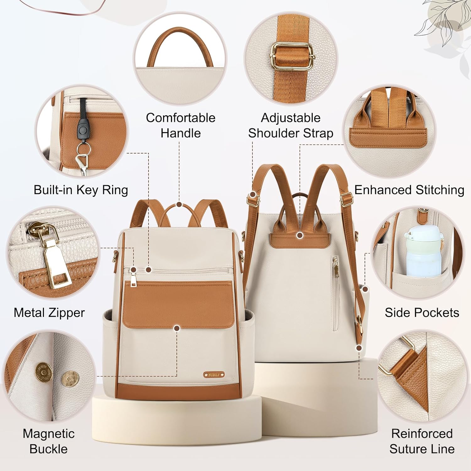 NUBILY Backpack Purse for Women Leather Anti-Theft Mini Backpack Fashion Designer Handbag Convertible Travel Bag Ladies Shoulder Bags, Beige