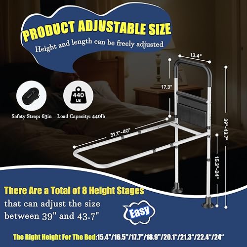 Miniatura 6 de Rieles de cama para adultos mayores, rieles de asistencia de cama ajustables aprobados por ASTM para personas mayores, mango ergonómico