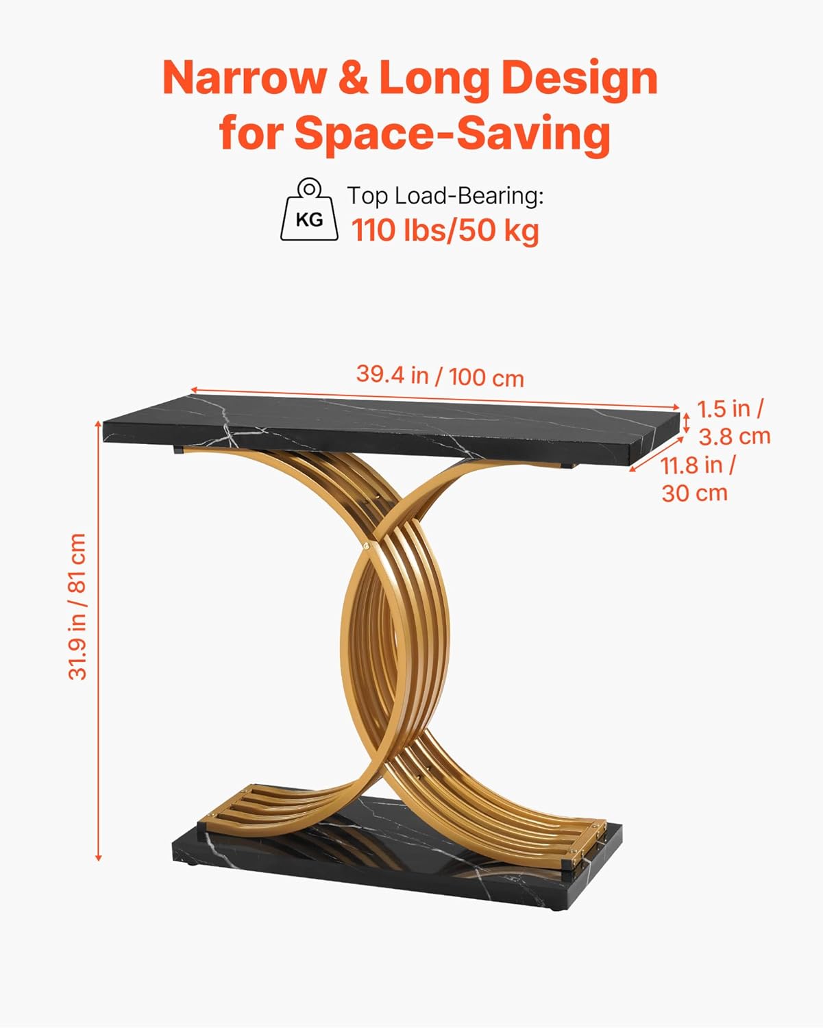 VEVOR 39 in Gold Console Table, Modern Desk Behind The Couch, Wood Rectangle Entrance Desk, Narrow Long Sofa Table Accent Stand with Metal Legs for Hallway, Bedroom, Living Room, Foyer, Easy Assembly