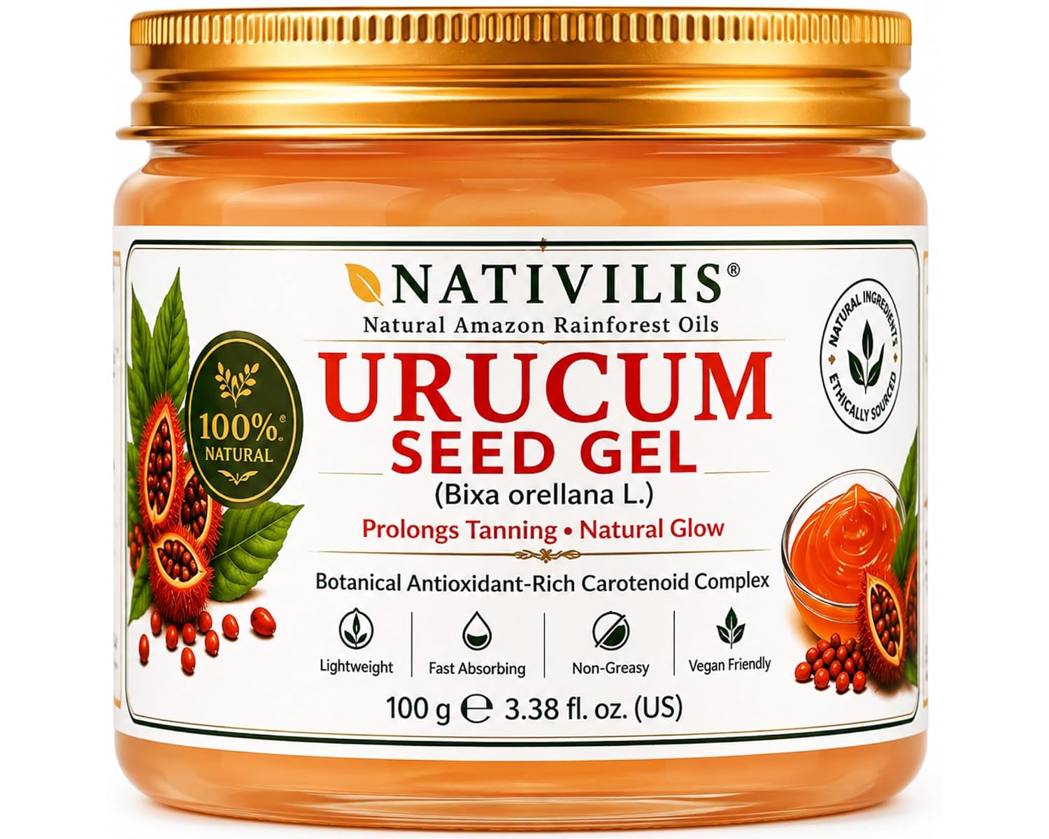 Nativilis Amazonian Urucum Seed Gel (Bixa orellana L.) – Botanical Skin Conditioning Gel – Natural-Looking Glow – 100 g