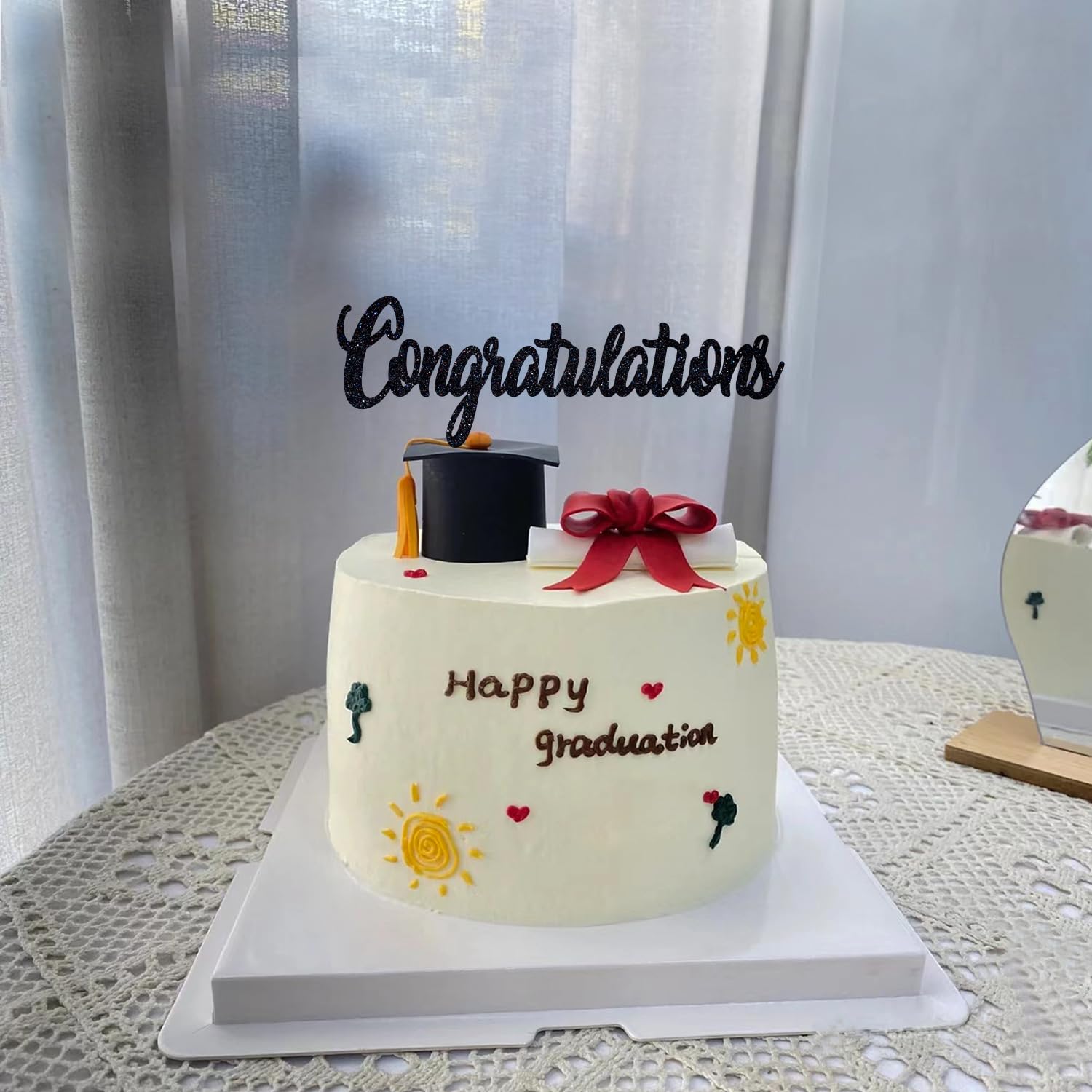 Black Glitter Congratulations Cake Topper, Congrats 2025/Class of 2025, 2025 Graduation Party Decorations Supplies 2