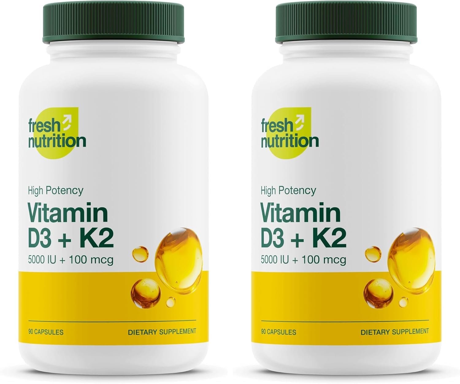 Fresh Nutrition Vegan Vitamin D3 + K2 Capsules - 5000 IU D3 + 100mcg K2 as MK-7 for Optimal Absorption - Immune Health, Bone Health, Mood - Non GMO - 90 Capsules, 3 Month Supply (Pack of 2)