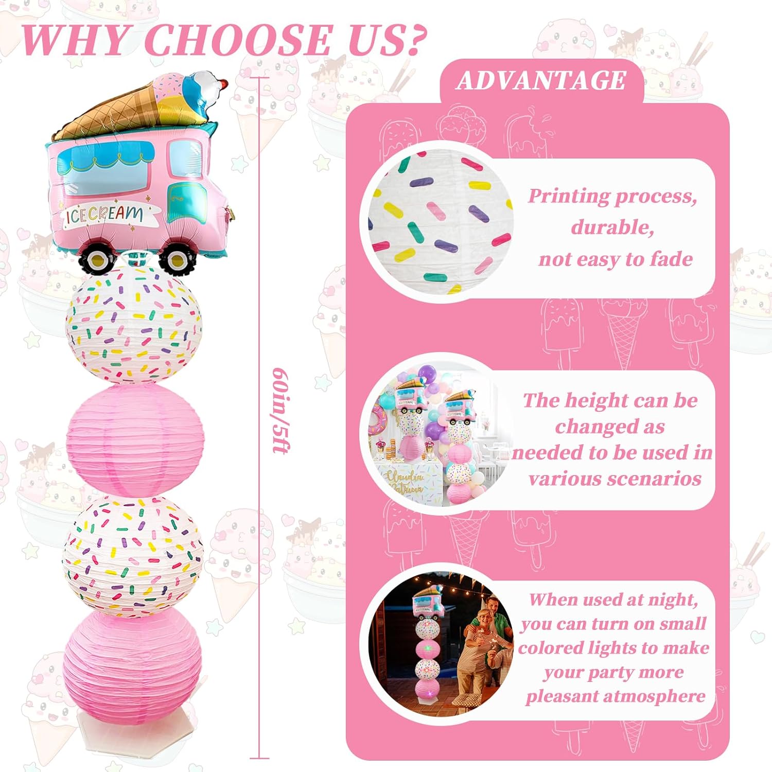 Ice Cream Balloon Column Stand Kit and Paper Lantern 2 Sets 5 Feet with Reusable Metal Telescopic Design for Ice Cream Parties, Birthday Decorations for Girls,Wedding, Baby Shower - Image 3